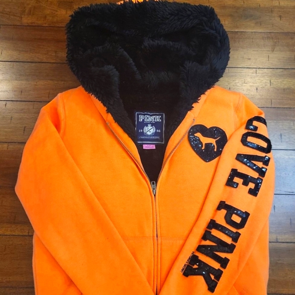 VICTORIA'S SECRET PINK BLING FAUX FUR ORANGE/CORAL FULL ZIP HOODIE